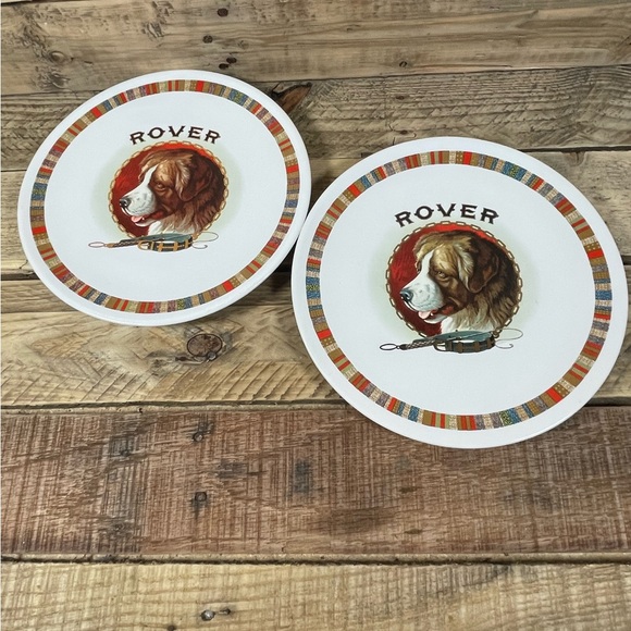 Lot of 2 Pottery Barn Rover Fireside Club Plate Dog White Multicolor Stripe Dish - Picture 5 of 13